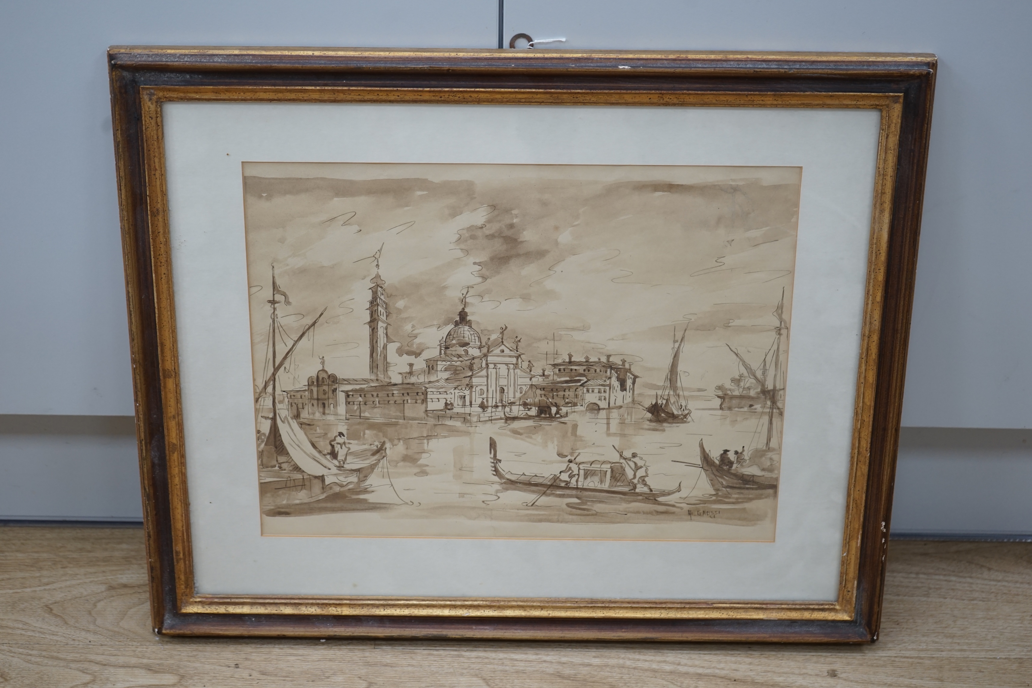 A. Grossi (Italian), Old master style sepia ink and wash, Venetian scene with gondolas, signed, 29 x 38cm. Condition - fair